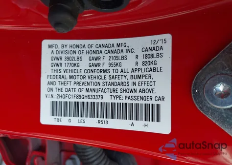 2016 Honda Civic Ex-L from USA, damaged, VIN 2HGFC1F89GH633379